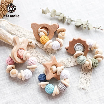 Let's Make Baby Rattle Bracelet Wooden Toys Crochet Beads Baby Teether Christmas Gift Hedgehog Elk Wood Crafts Ring Engraved
