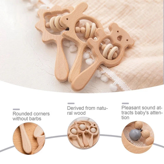 1PC Baby Wooden Rattle Beech Animal Hand Teething Wooden Ring Makes A Sound Montessori Educational Toy Attract Attention