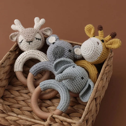 1pc Wooden Crochet Bunny Rattle Toy BPA Free Wood Ring Baby Teether Rodent Baby Gym Mobile Rattles Newborn Educational Toys