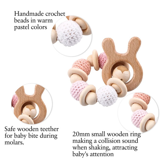 Let's Make Baby Rattle Bracelet Wooden Toys Crochet Beads Baby Teether Christmas Gift Hedgehog Elk  Wood Crafts Ring Engraved