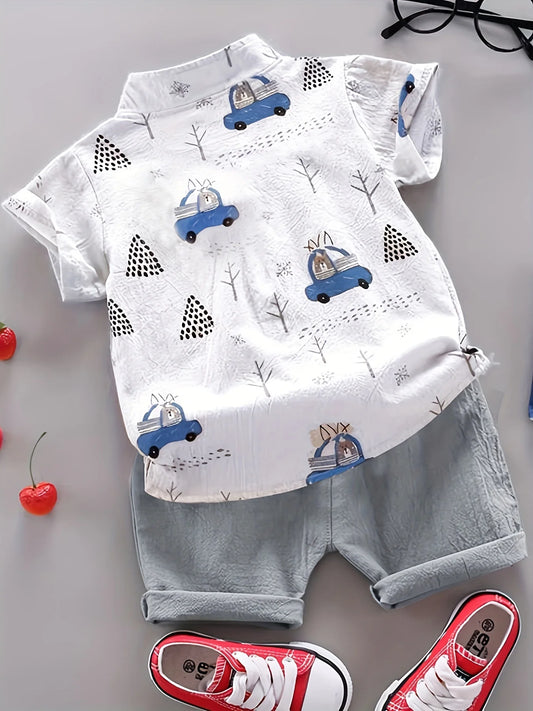 Infant and toddler summer full print bear driving pattern short sleeved shorts set for outdoor standing collar shirt fashion two