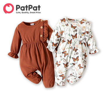 PatPat Baby Girl Long-sleeve Jumpsuit Baby Romper Spring and Summer Baby Girls Newborn Clothings Brown/White Butterfly Ruffle