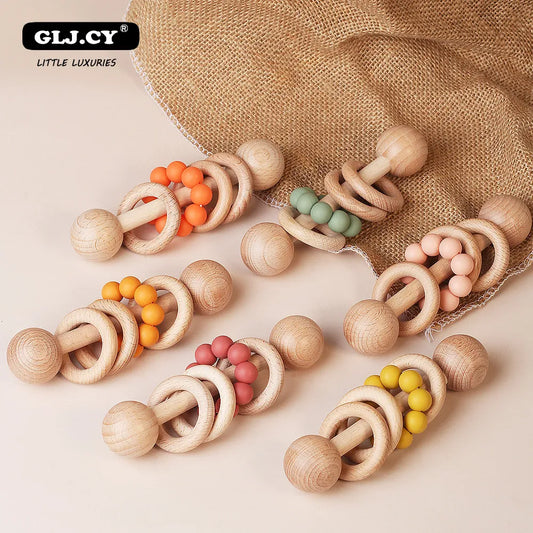 1pc Baby Toys Beech Wooden Rattle Hand Bells Toys Of Newbron Montessori Educational Toys Mobile Rattle Wooden Ring Baby Products